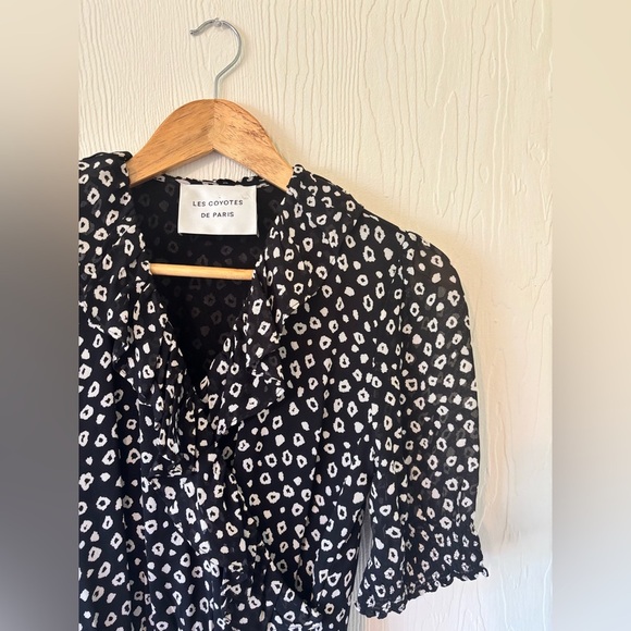 Black White Polka Micro Dot Leopard Print Ruffle Puff Sleeve Mini Boho Dress - Picture 6 of 12